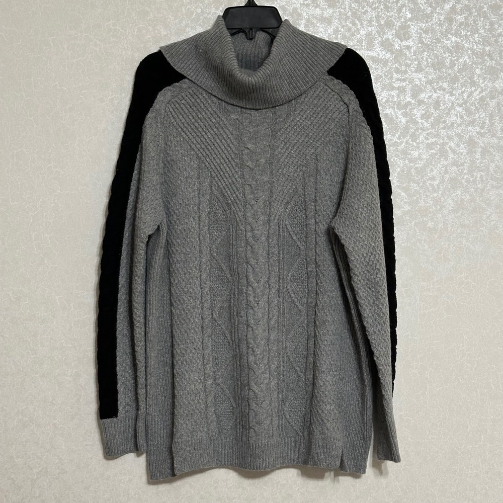 Renuar XL Gray Black Cable Knit Split Cowl Neck Tunic Sweater Dolman Long Sleeve